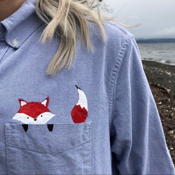 Vintage Tops - Hand Painted Fox Chambray Button Up